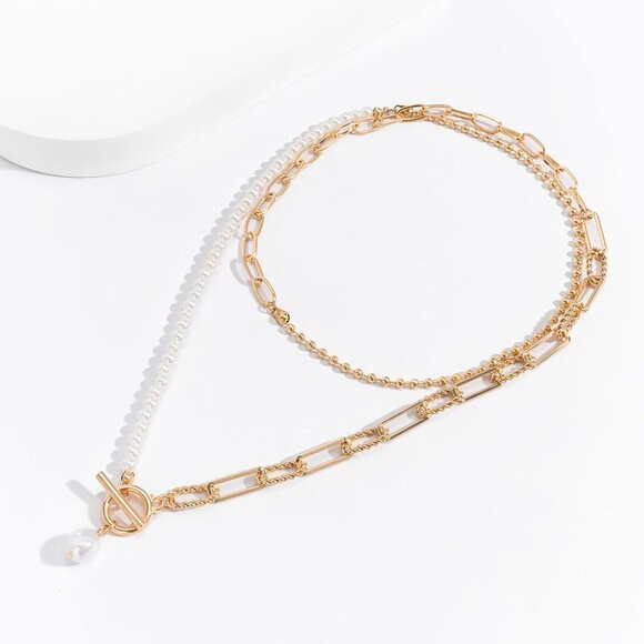 Layered Gold Necklace for Women Non Tarnish Paperclip Pearl Pendant Jewelry Set - Picture 6 of 7